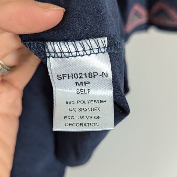 THML Women's Pink Embroidered Navy Tunic Mini Dress Bell Sleeve size MP - Picture 6 of 6